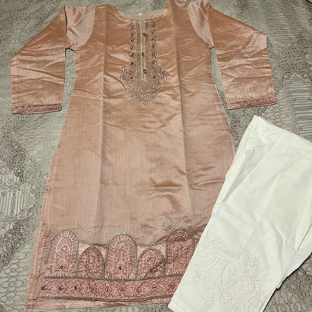 Peach Embroidered Designer Indian Kurti and Pant